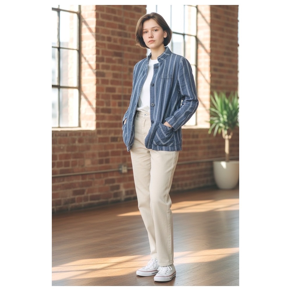 Cabi Womens Striped Linen Short Blazer Jacket Blue‎ White Size 6